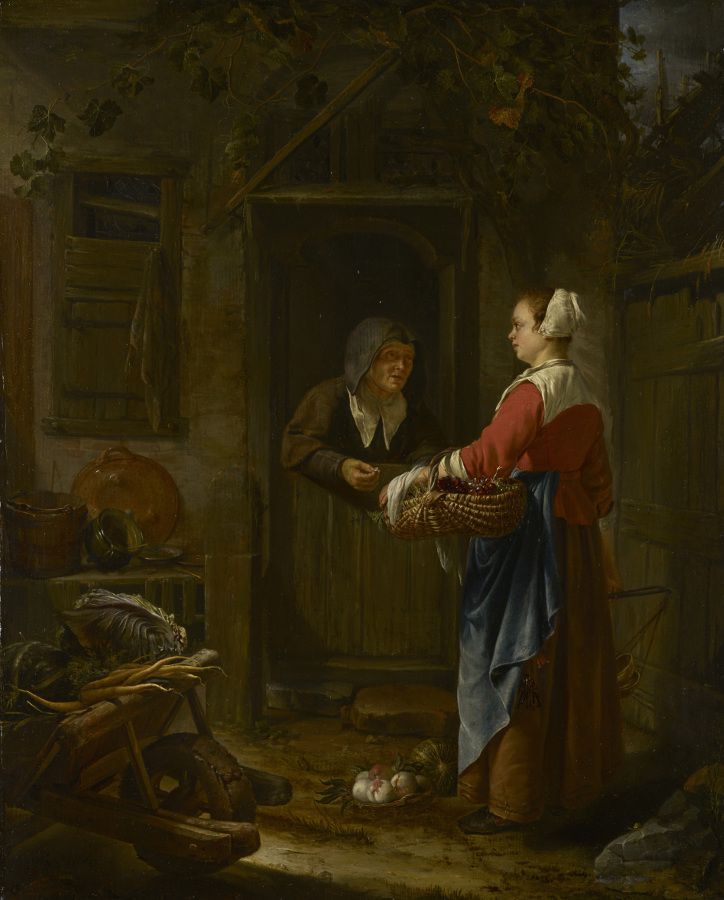 Frans van Mieris de Oude (1635-1681) Una muchacha que vende las uvas a una mujer mayor