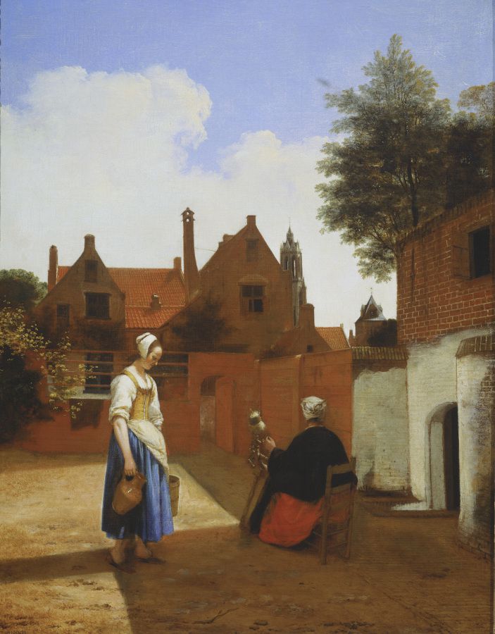 Pieter de Hooch (1629-1684) Un patio en Delft en la tarde una mujer de hilado